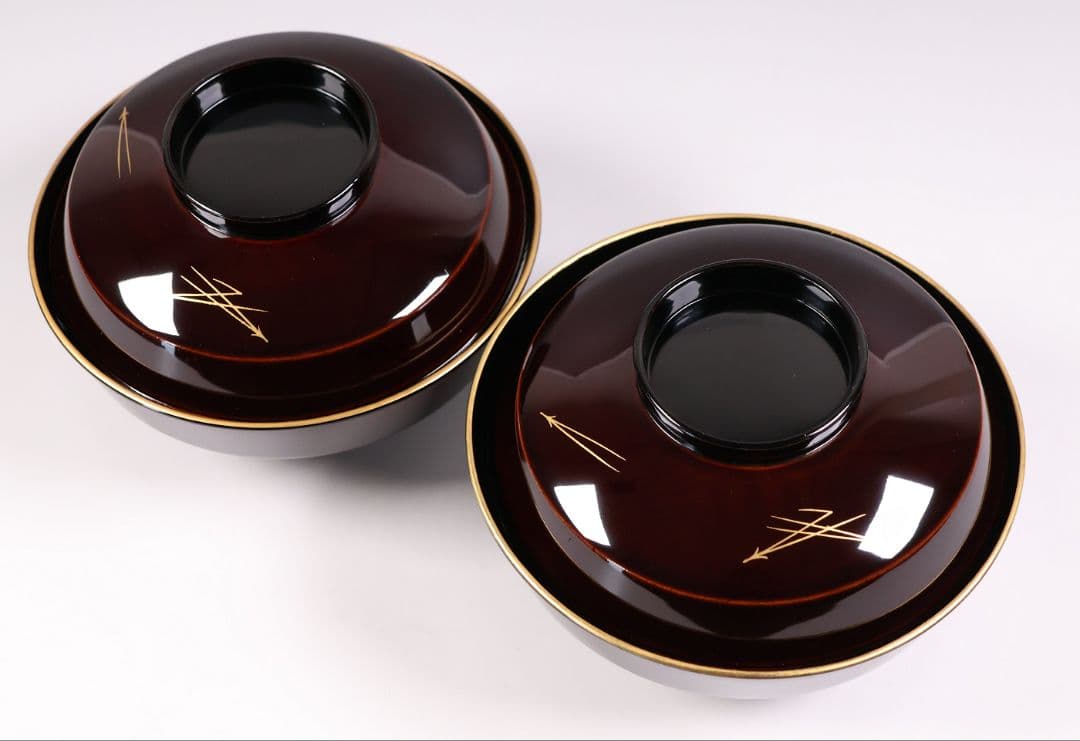 【CM377】大正期 月と松 飛翔鶴 金蒔絵 欅地溜塗 黒塗 椀二客 木製漆器