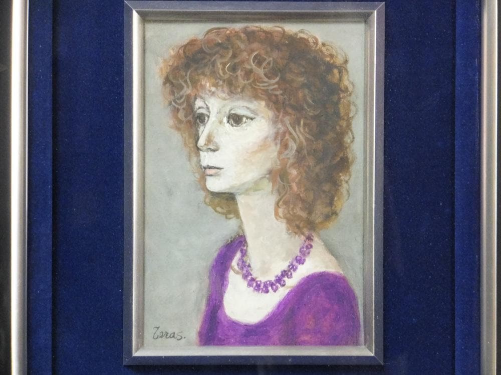 寺島龍一　直筆サイン『紫の首飾り』キャンヴァスに油彩 サムホール 0313A