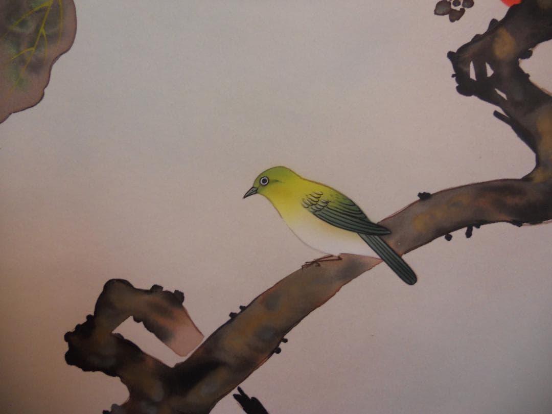 掛け軸 小川大鳳 『 柿にめじろ 』 絹本 希少 軸装 茶道具 掛軸 美品 です