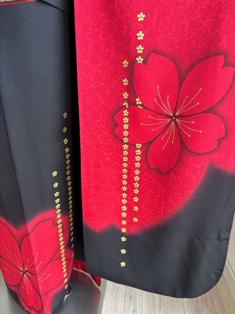 あああ 振袖フルセット　成人式　正絹振袖　袋帯　黒赤系　クリーニング済み
