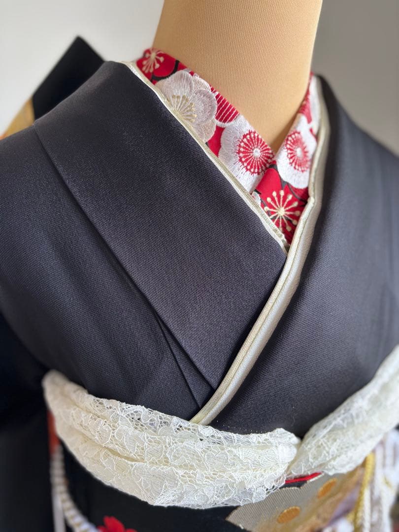 あああ 振袖フルセット　成人式　正絹振袖　袋帯　黒赤系　クリーニング済み