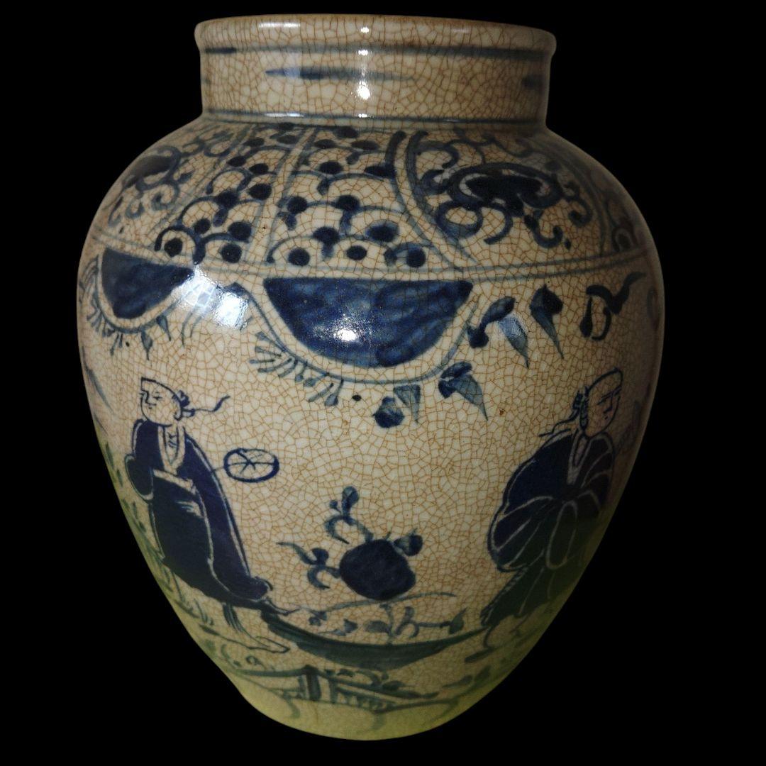 元代　人物画染付壺　花瓶　中国古玩