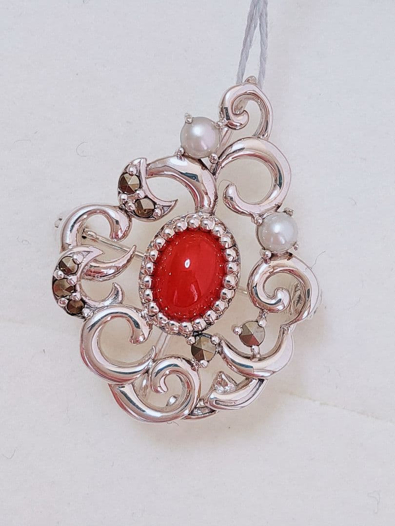 未使用品 碌山 赤珊瑚 シルバー ブローチ 兼 ペンダント