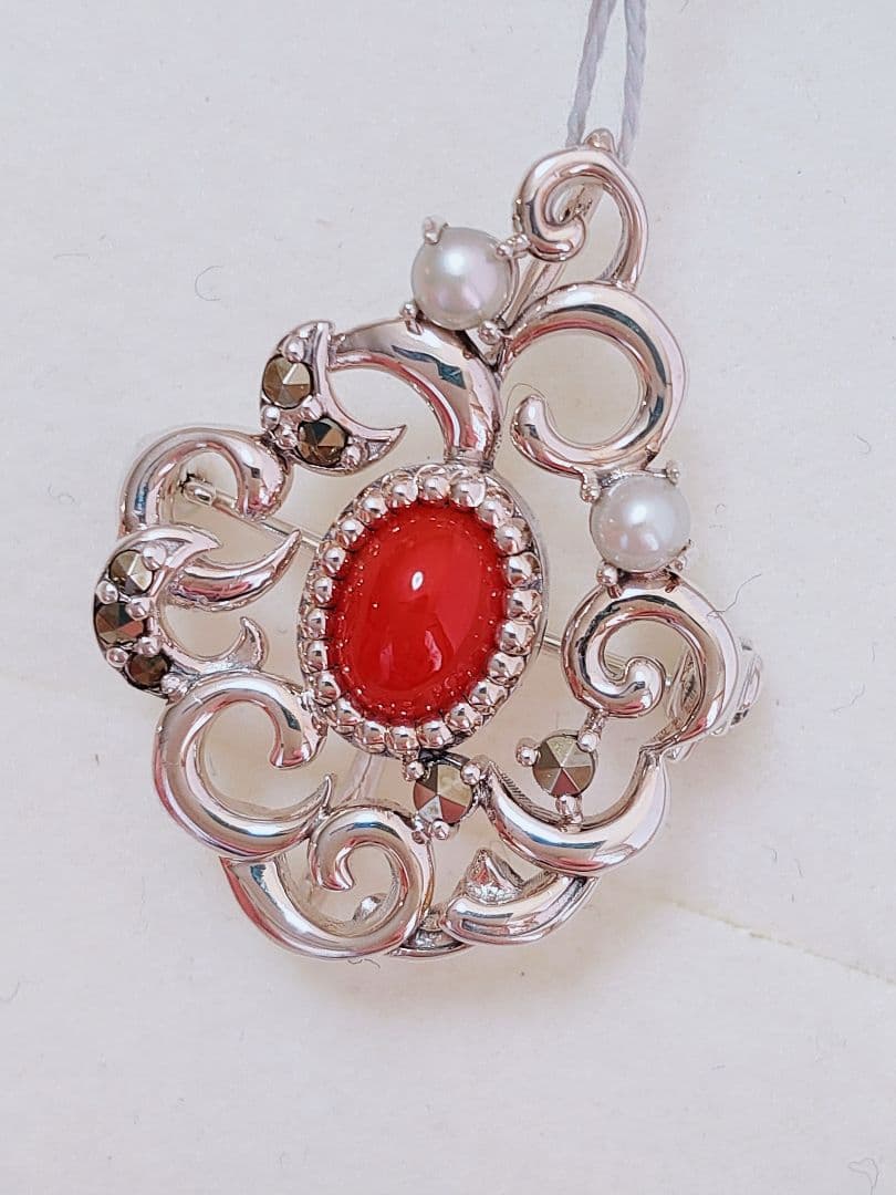 未使用品 碌山 赤珊瑚 シルバー ブローチ 兼 ペンダント
