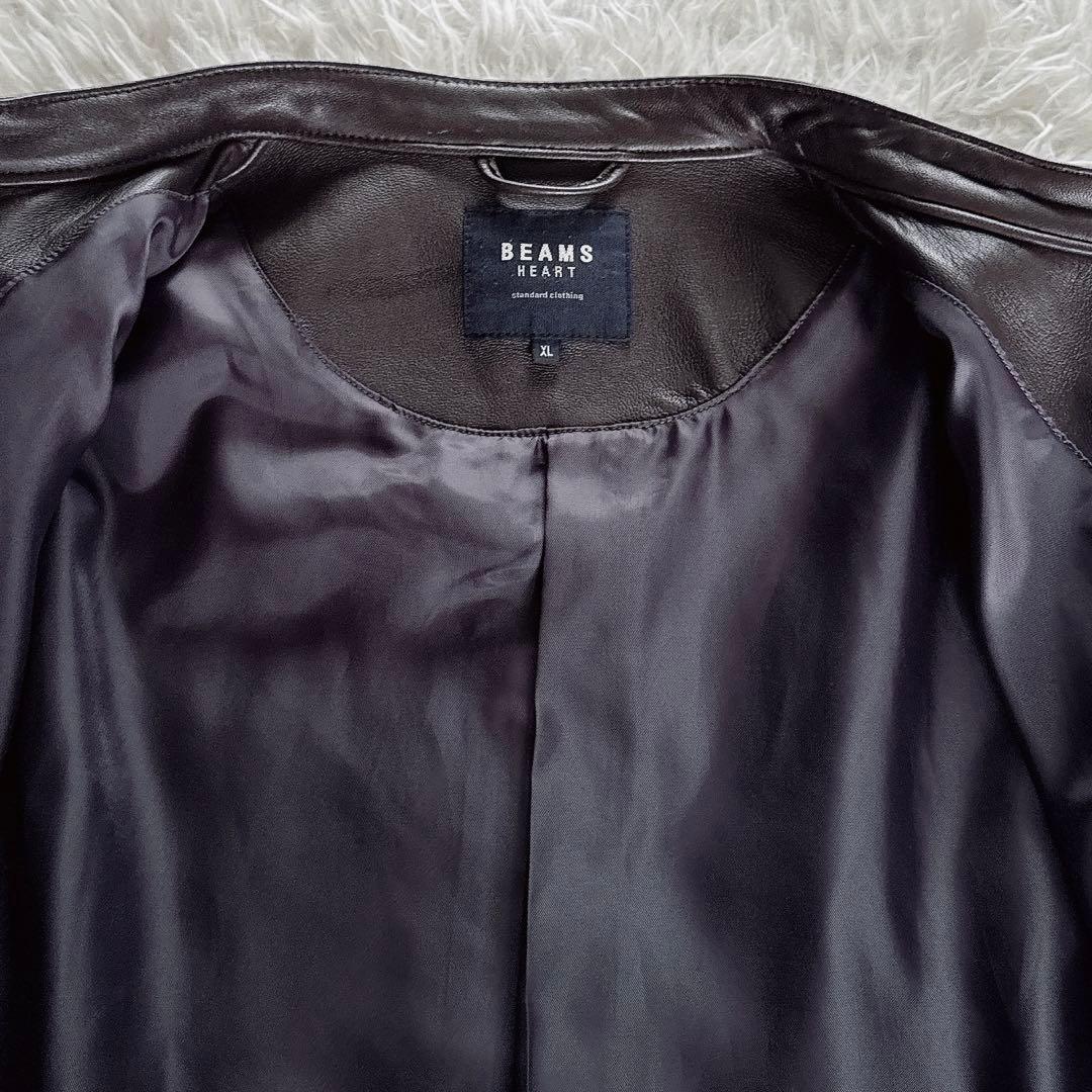 【BEAMS HEART】シングルライダースジャケット 羊革 ブラウン XL