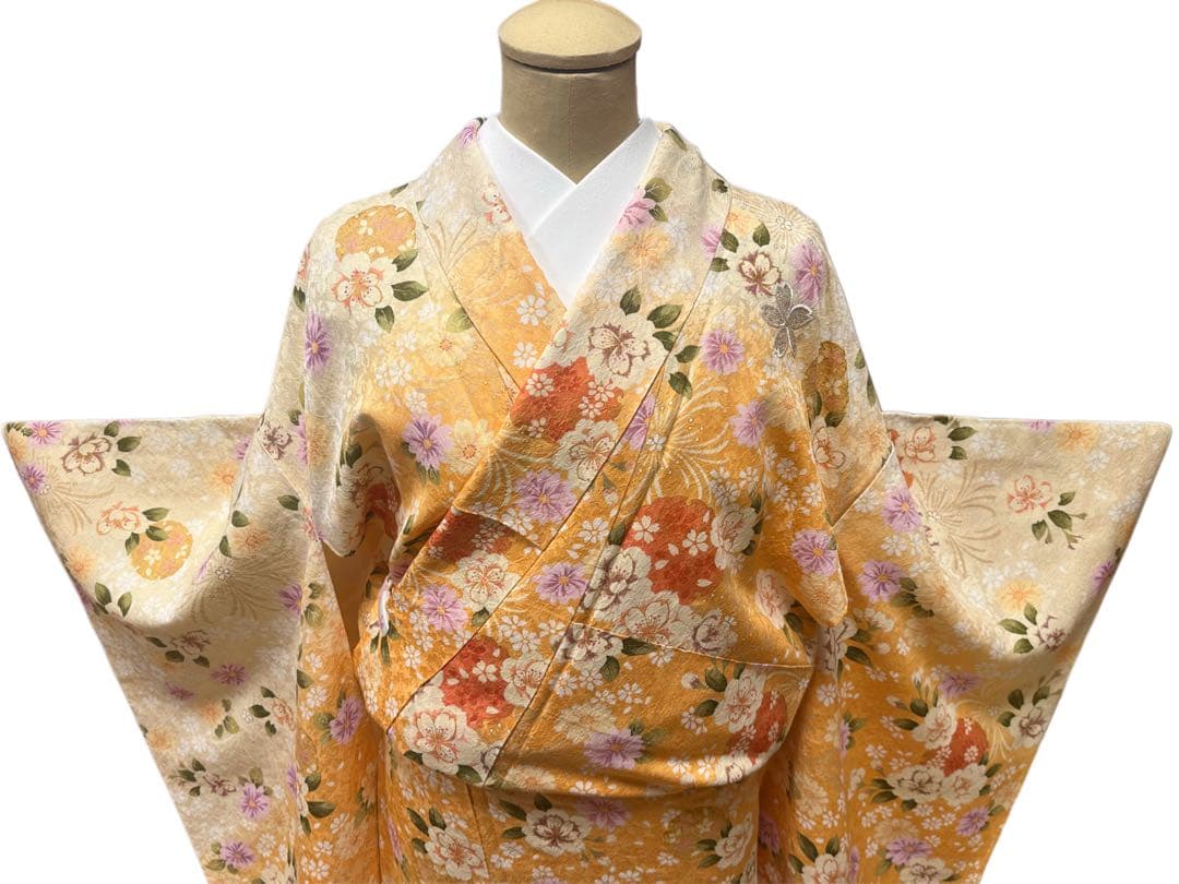 振袖 正絹 オレンジ 総柄 桜 金刺繍 オーロラ刺繍