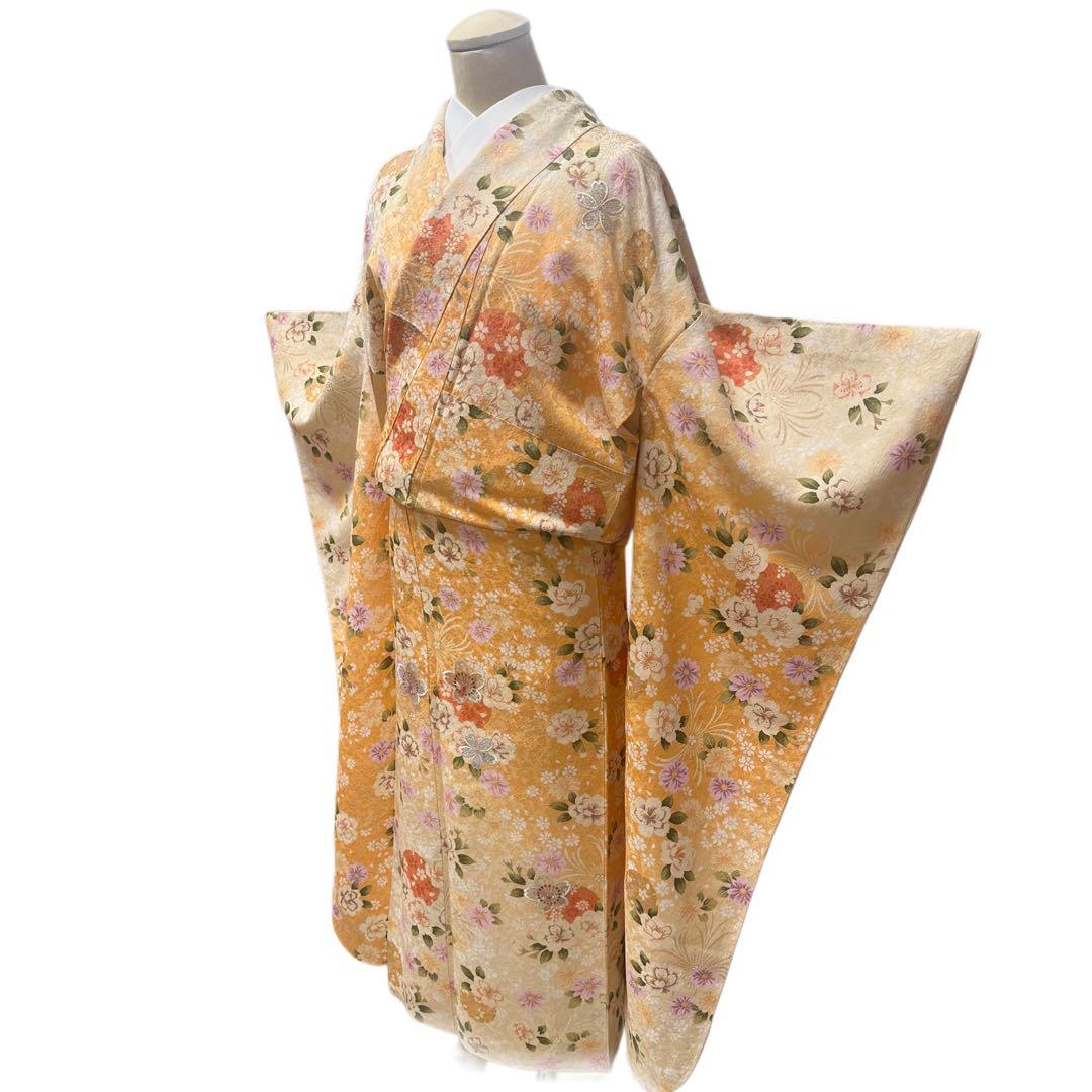 振袖 正絹 オレンジ 総柄 桜 金刺繍 オーロラ刺繍