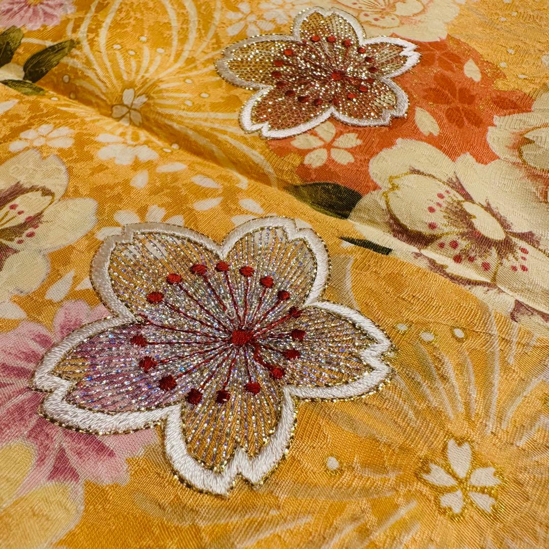 振袖 正絹 オレンジ 総柄 桜 金刺繍 オーロラ刺繍