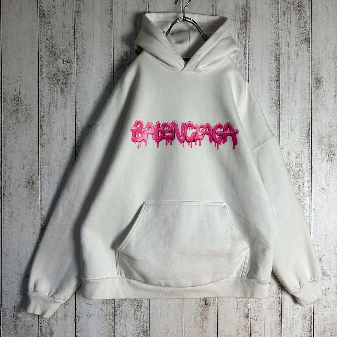 6055【人気デザイン】バレンシアガ‪☆ペンキロゴ入りパーカー 22SS ピンク