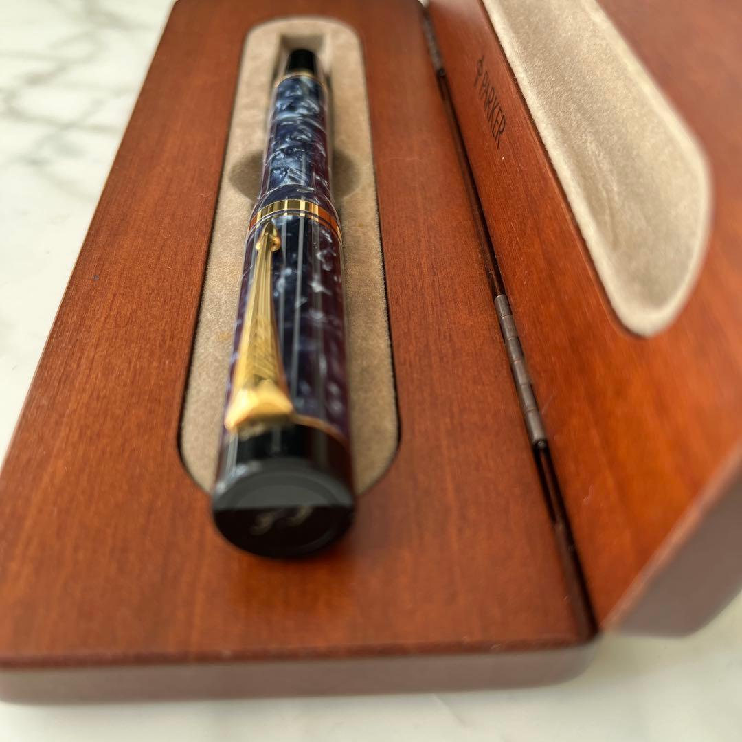 K18美品PARKER デュオフォールドネイビー マーブル万年筆 専用ケース付き