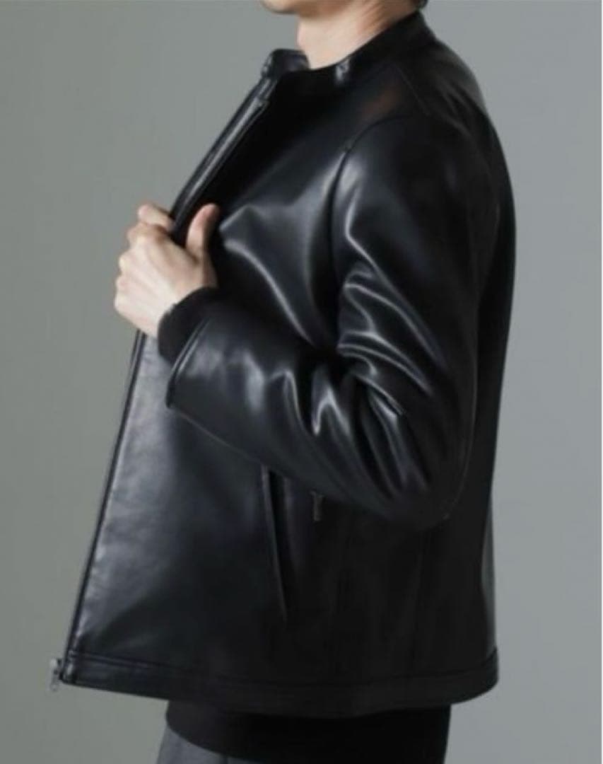 ブラックフェイクレザーシングルライダースジャケット