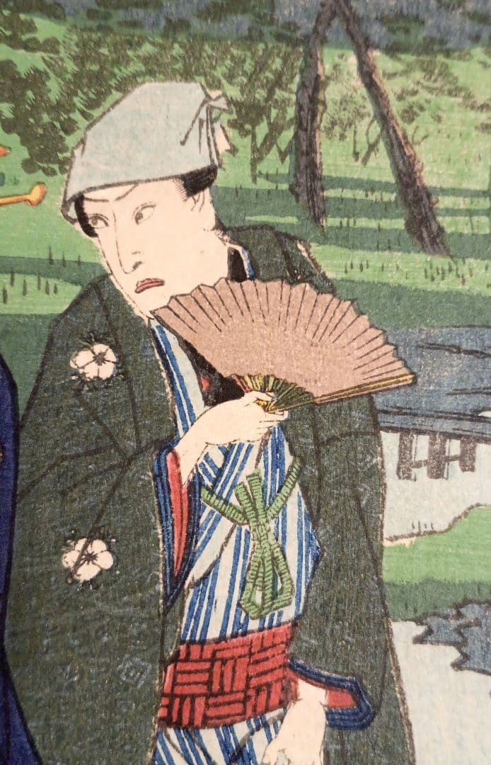 浮世絵版画、江戸自慢三十六興深川八まん牡丹、二代広重景色三代豊国人物元治元年出版