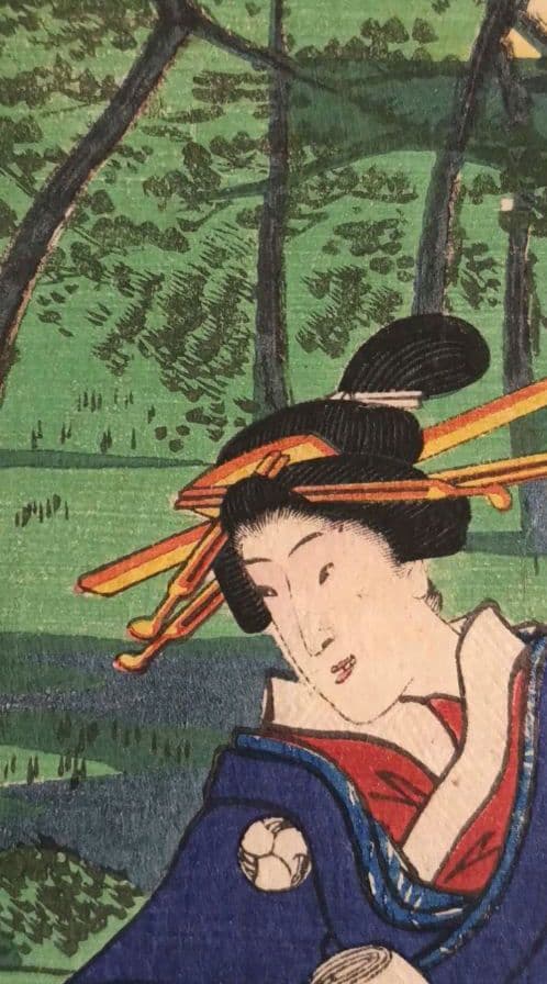 浮世絵版画、江戸自慢三十六興深川八まん牡丹、二代広重景色三代豊国人物元治元年出版