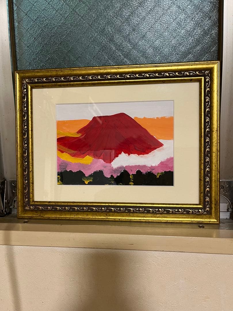 赤富士　アクリル画　サムホール　新緑の赤富士　縁起物です。高級感ある額縁つき