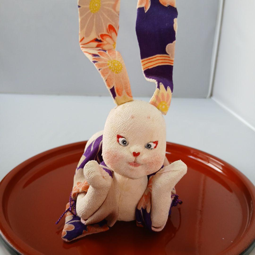 私の手作り/頬杖福耳ウサギ/古布ちりめん/お月見だんご付きセット
