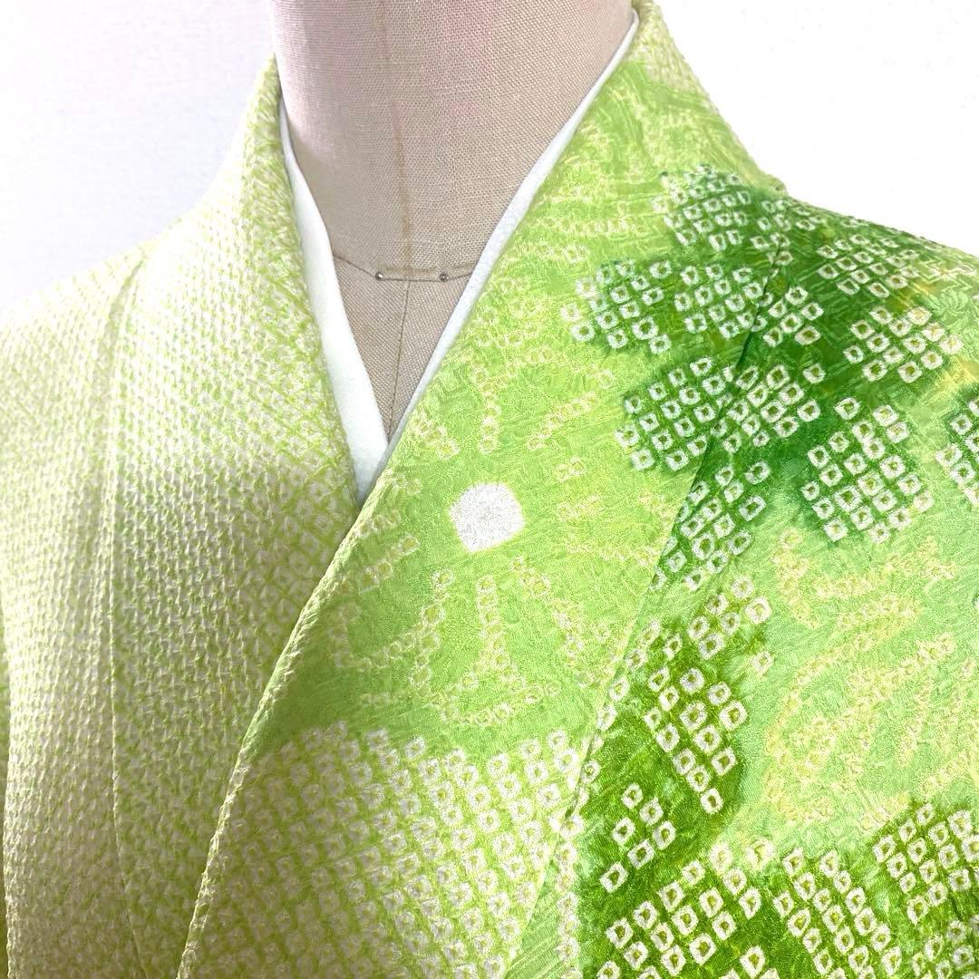 4k2291 振袖　正絹　袷　藤娘きぬたや　総絞り　緑　白　花柄