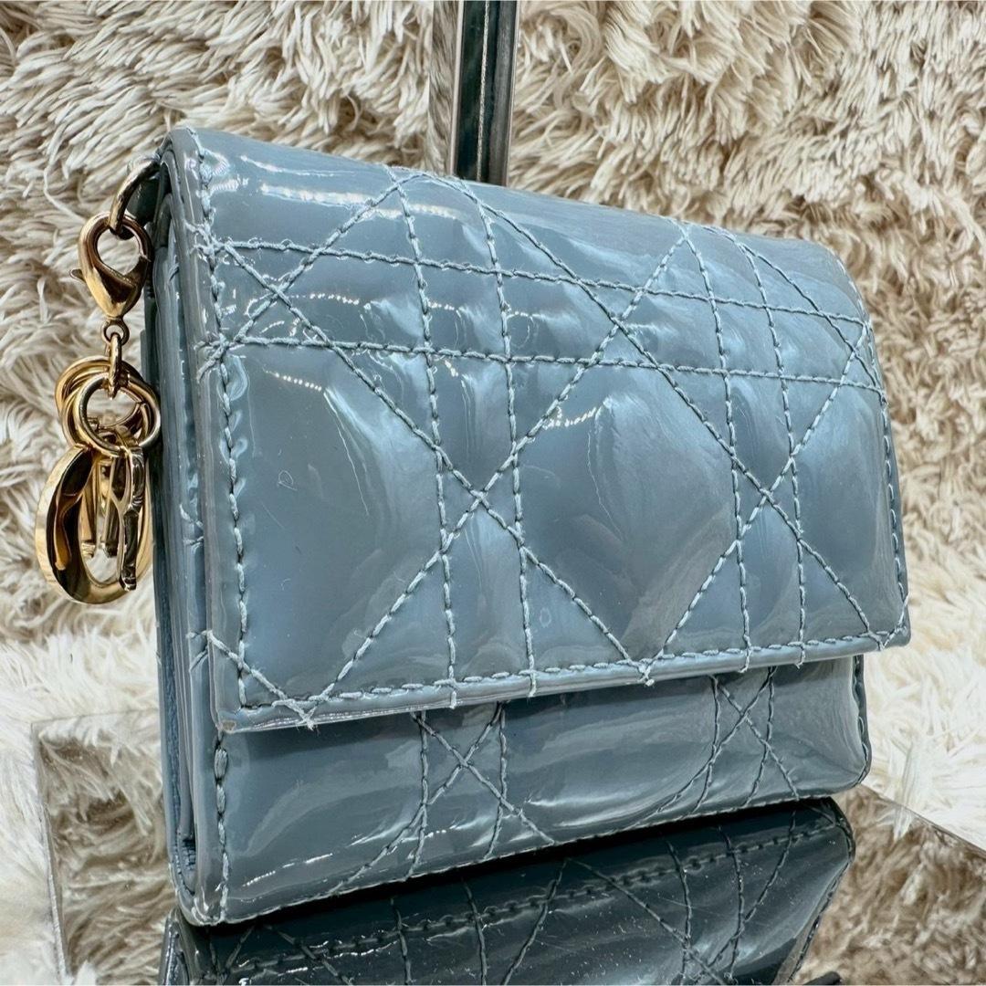 【美品】クリスチャンディオール 三つ折財布 ブルー パテント カナージュ