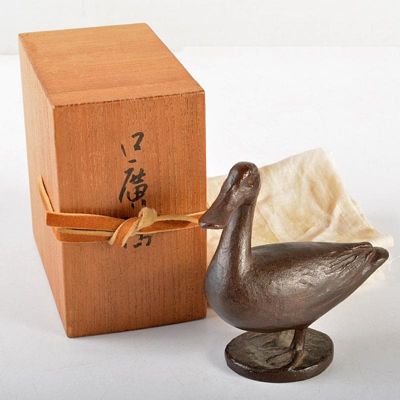 帝国美術院会員　藤井浩裕作　ブロンズ　口廣鴨　置物　共箱　D　R5968