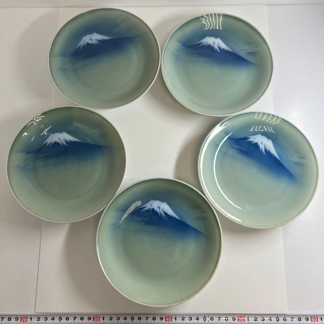 明治時代　深川製　富士図中皿5枚　直径約17.5㎝　東Y7-1104☆2Fタカオ