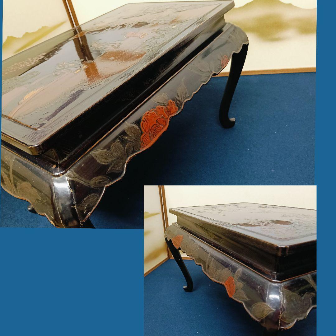 金燕AN18 時代物 木製漆 平卓 漆絵巻 螺鈿 花台 香炉台 盆栽台 高