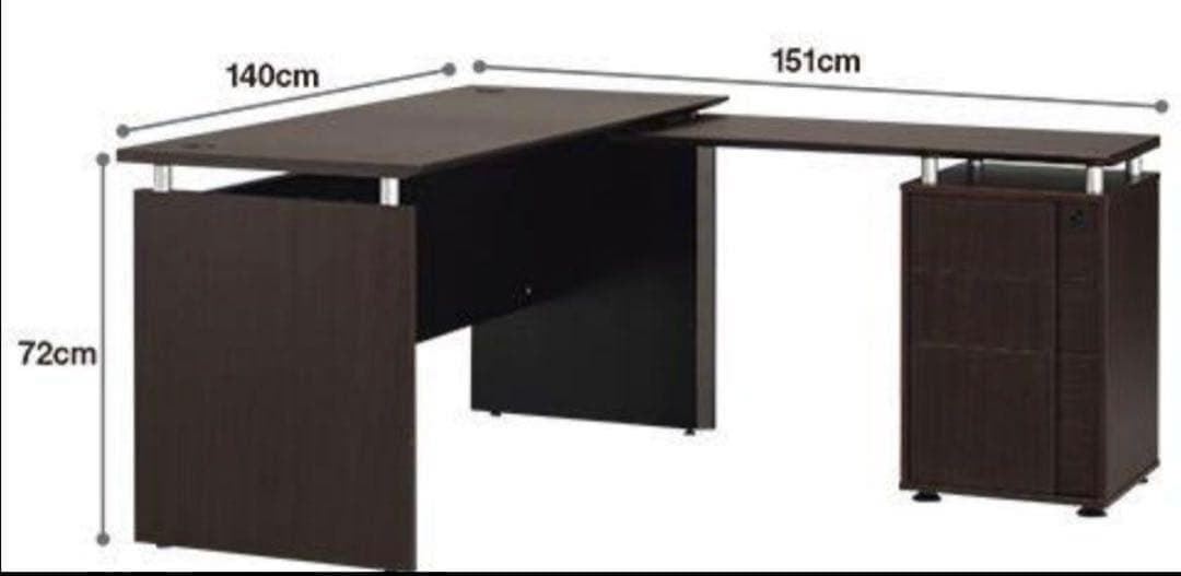 ダークブラウン L字型パソコンデスク 引き出し付き