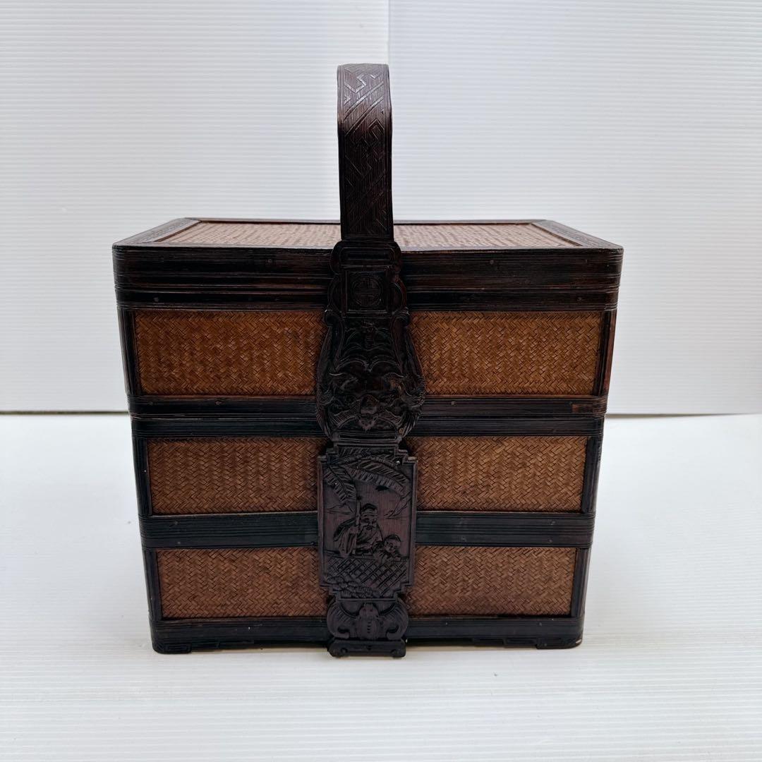 【煎茶道具】提籃籠 人物彫 提手 竹編 古美術 骨董