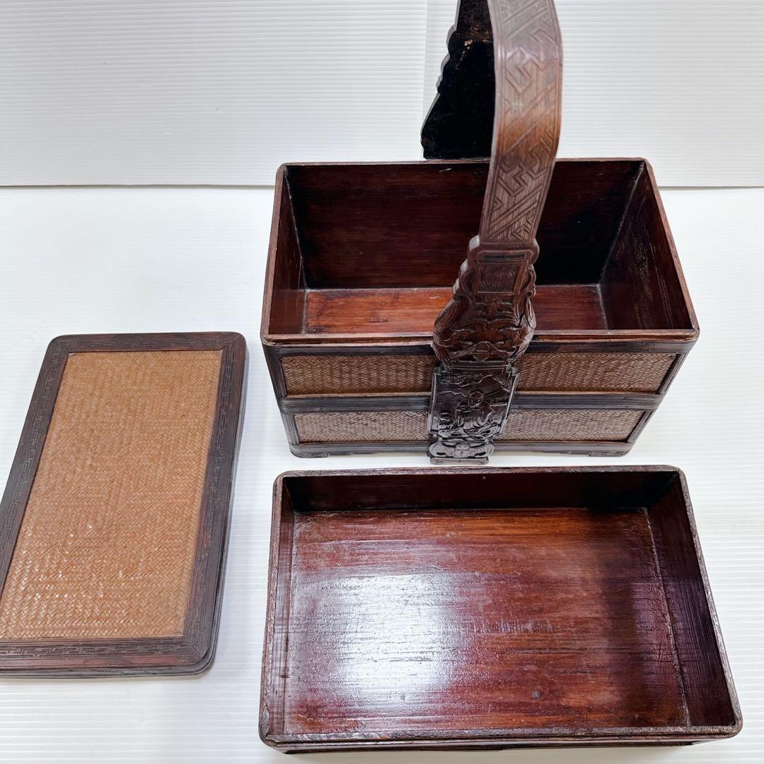 【煎茶道具】提籃籠 人物彫 提手 竹編 古美術 骨董