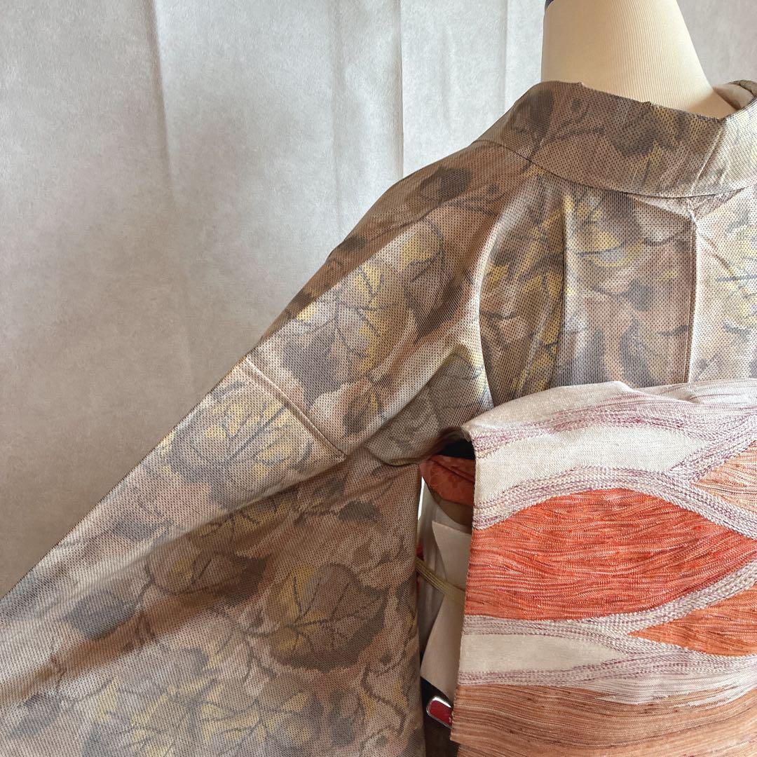 小紋　フルセット　大島紬　着物　正絹　秋の葉　名古屋帯　J5