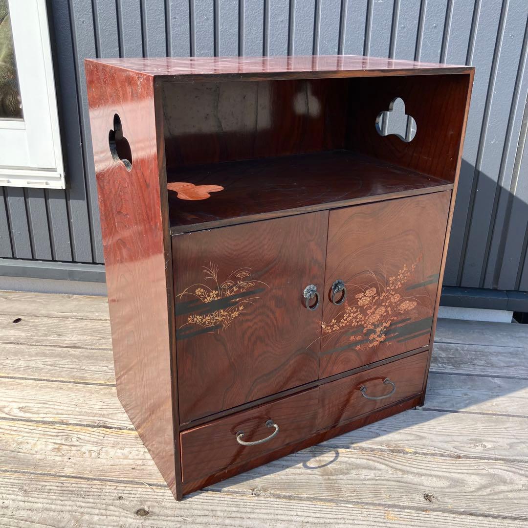 昭和レトロ 花柄装飾 観音開き扉 木製茶棚 茶箪笥 ミニ箪笥 引き出し 古家具