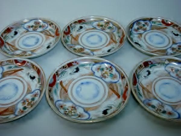 小皿■古い伊万里赤絵 鶴 松竹梅 窓花唐草紋 6枚 骨董品(江戸後期～明治期)■