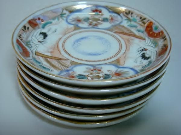 小皿■古い伊万里赤絵 鶴 松竹梅 窓花唐草紋 6枚 骨董品(江戸後期～明治期)■