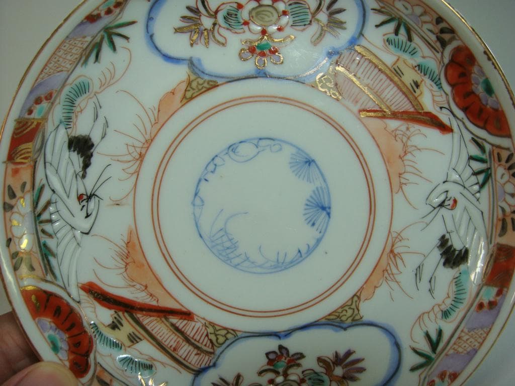 小皿■古い伊万里赤絵 鶴 松竹梅 窓花唐草紋 6枚 骨董品(江戸後期～明治期)■