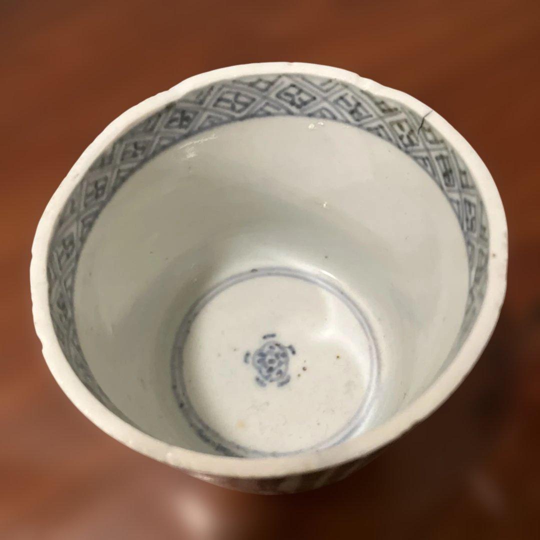 江戸中期縦線雪輪文蕎猪口　アンティーク