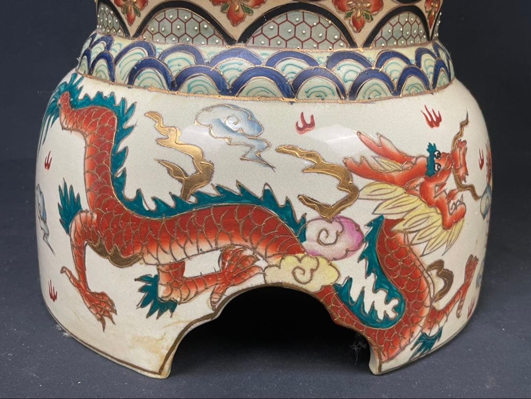 薩摩 沈香壺 龍 花鳥図 高さ約107cm 飾壺 特大花瓶 牡丹 孔雀 金彩