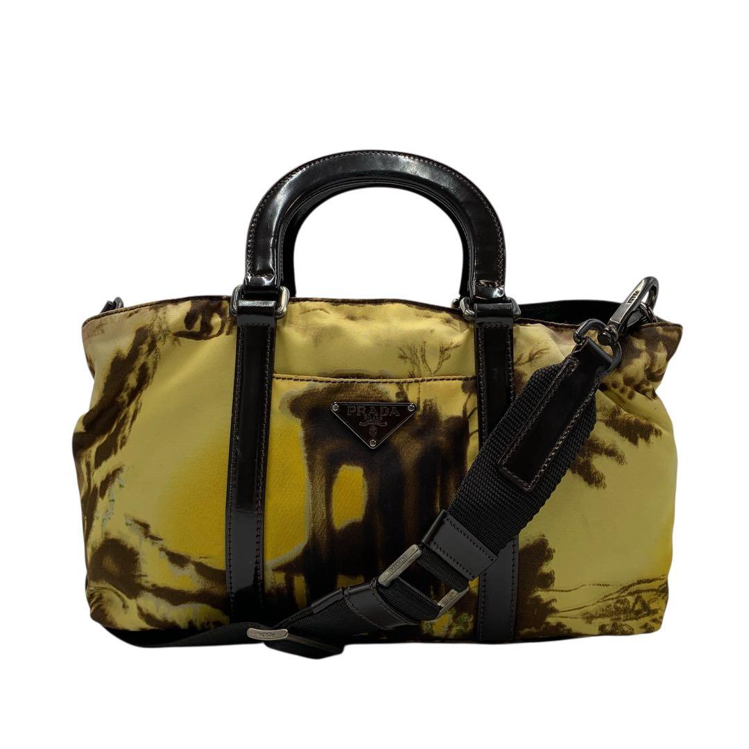 【極美品】プラダPRADA 2way ハンドバッグ ナイロン イエロー ブラウン