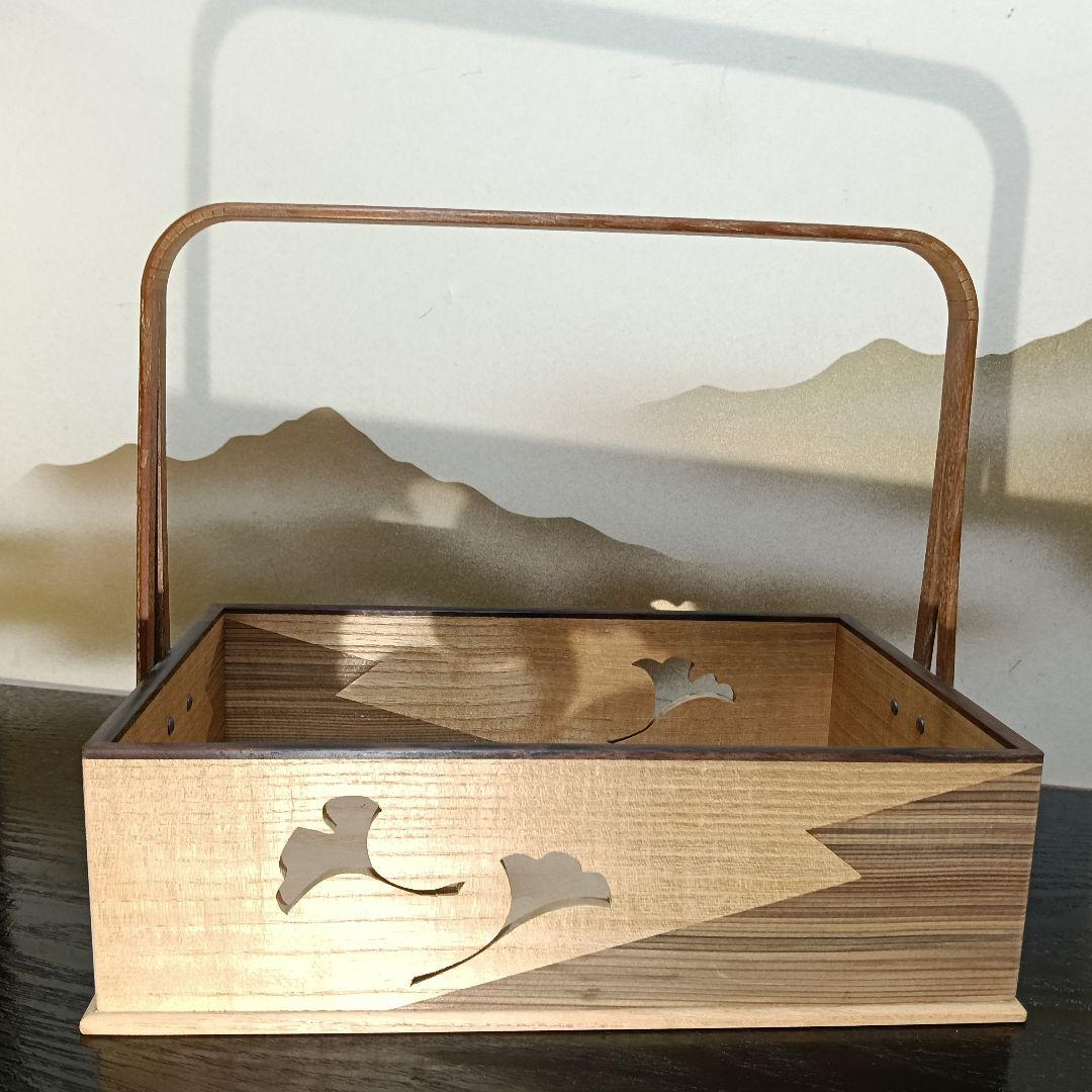 AN94 山本貞斎 莨盆 木地 手付 銀杏透かし彫 共布 小物3点茶道具