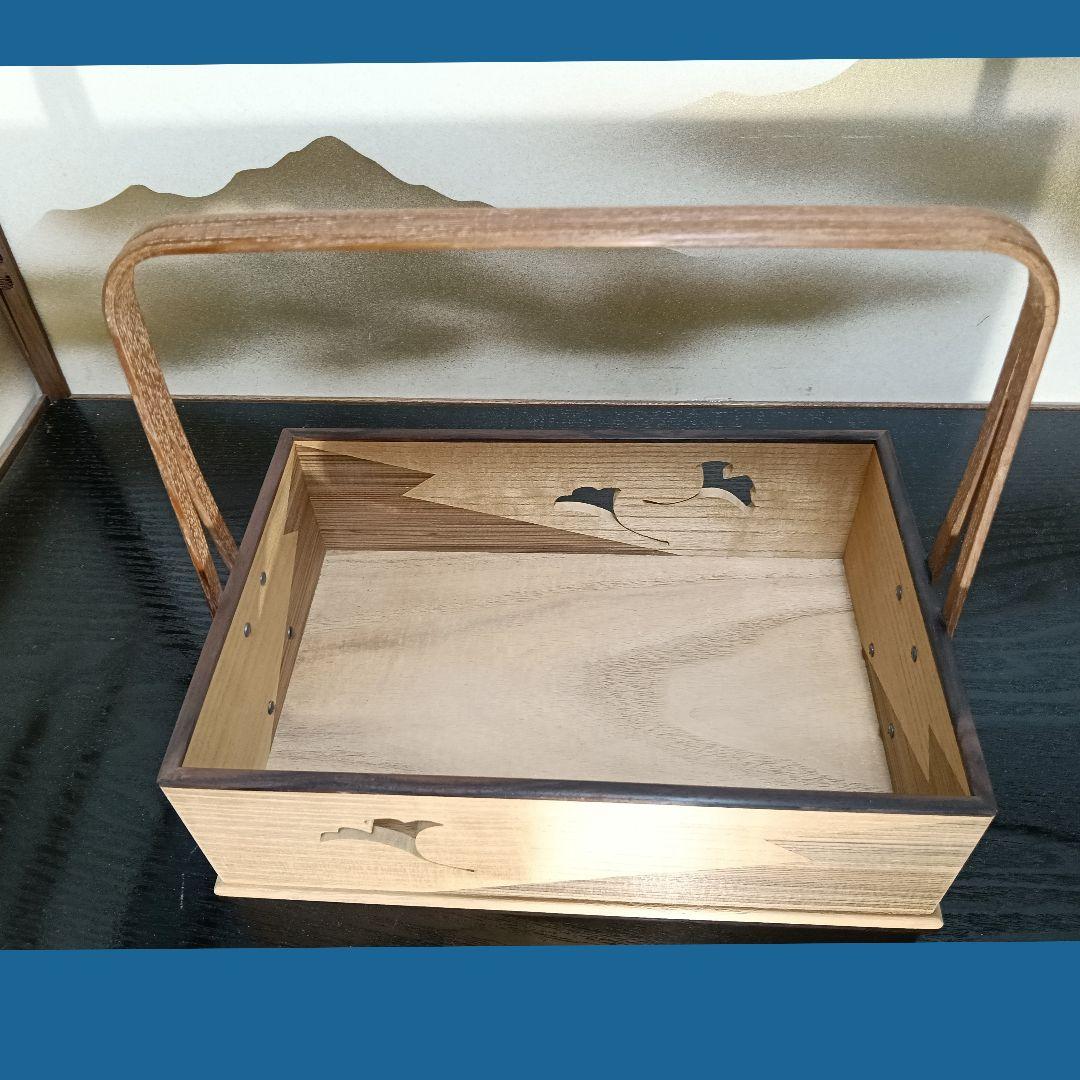 AN94 山本貞斎 莨盆 木地 手付 銀杏透かし彫 共布 小物3点茶道具