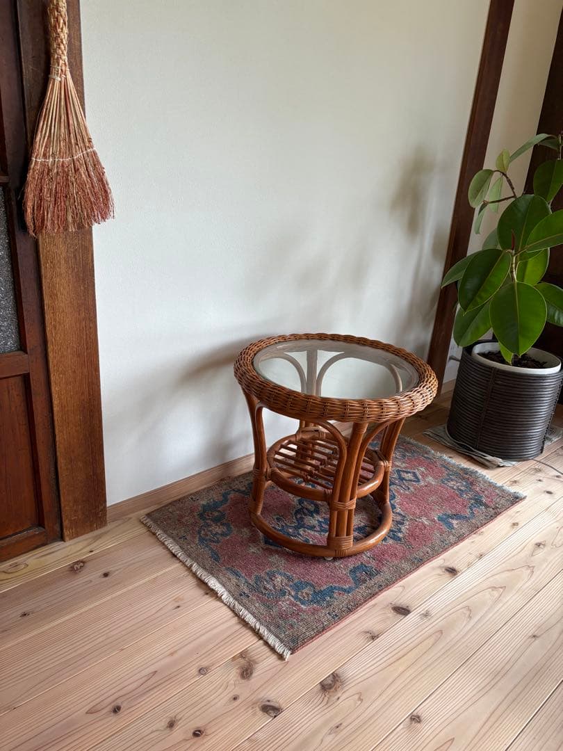 籐 ラタン ガラスサイドテーブル★アンティーク