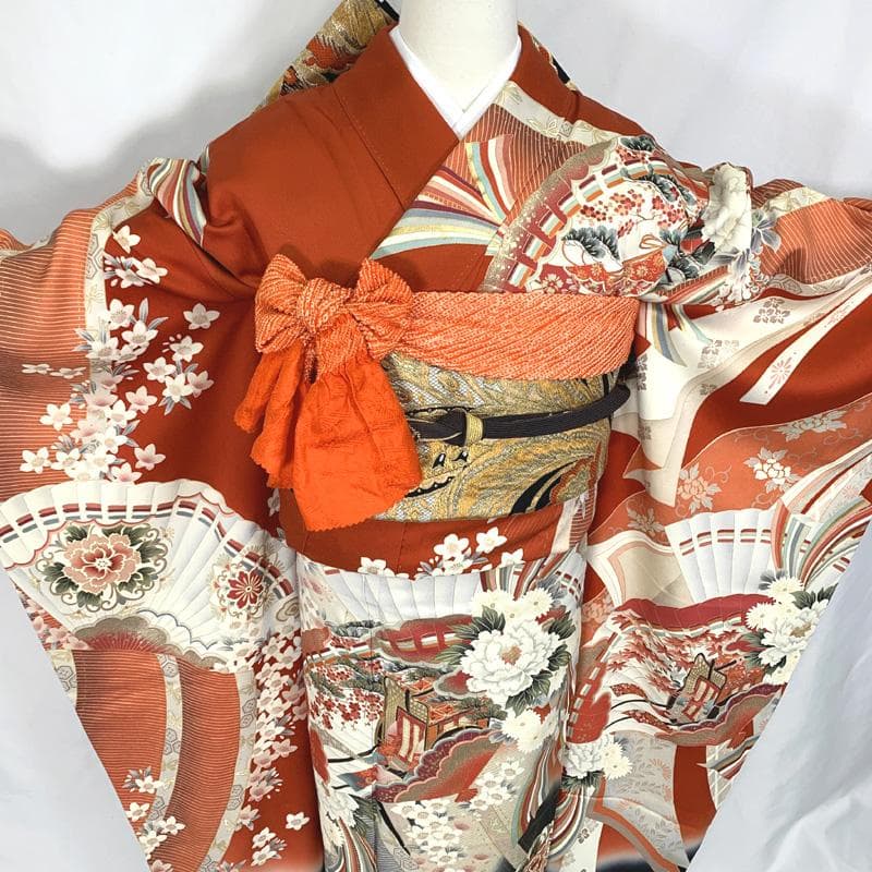 410aj39〇古典柄 レトロ 振袖＆袋帯 金駒刺繍 十三参り〇美品