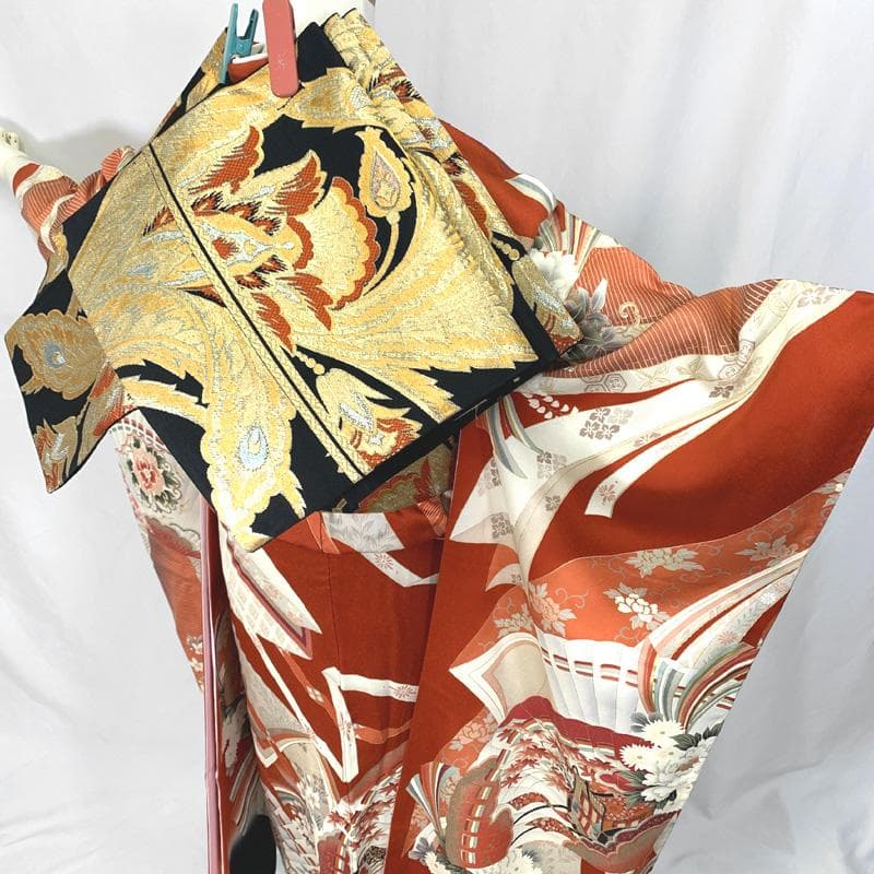 410aj39〇古典柄 レトロ 振袖＆袋帯 金駒刺繍 十三参り〇美品