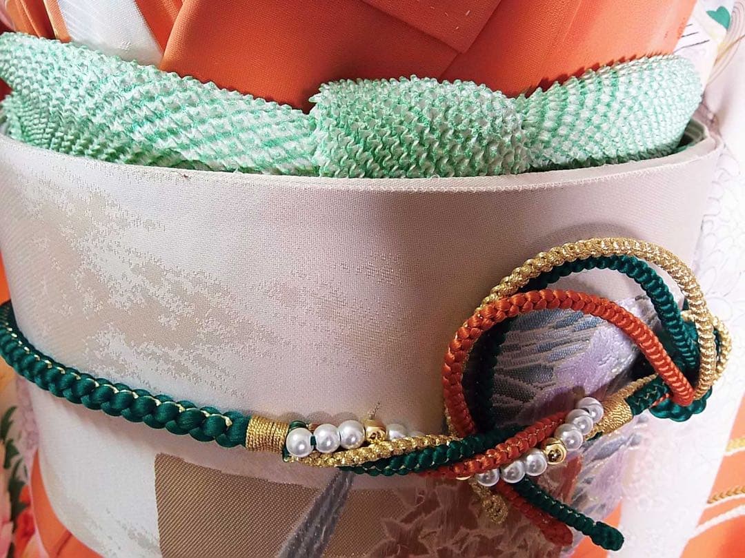 豪華3点セット】振袖／橙色　御所解文様＊吉祥文様尽くし／袋帯　長襦袢　晴れの日に