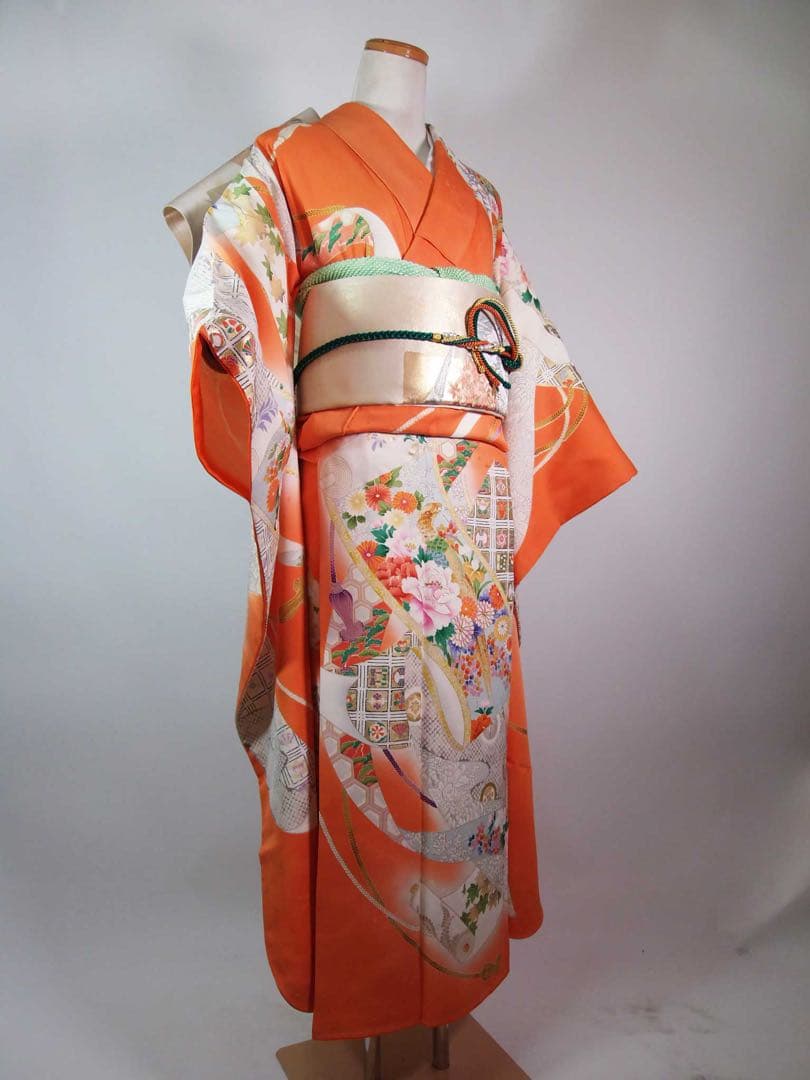 豪華3点セット】振袖／橙色　御所解文様＊吉祥文様尽くし／袋帯　長襦袢　晴れの日に