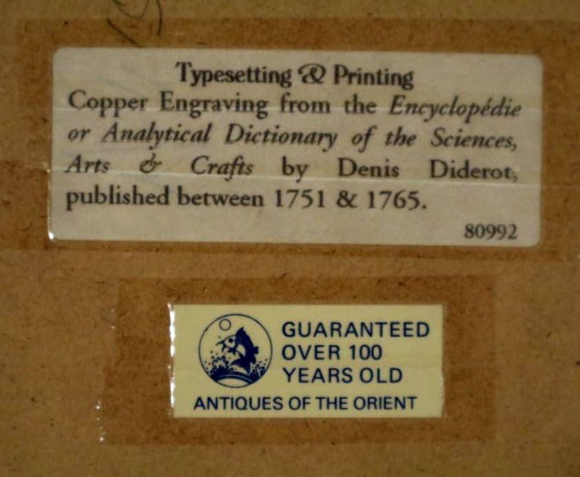 額装品　古典版画　18世紀　ディドロー　百科全書　「活版印刷」　極美品
