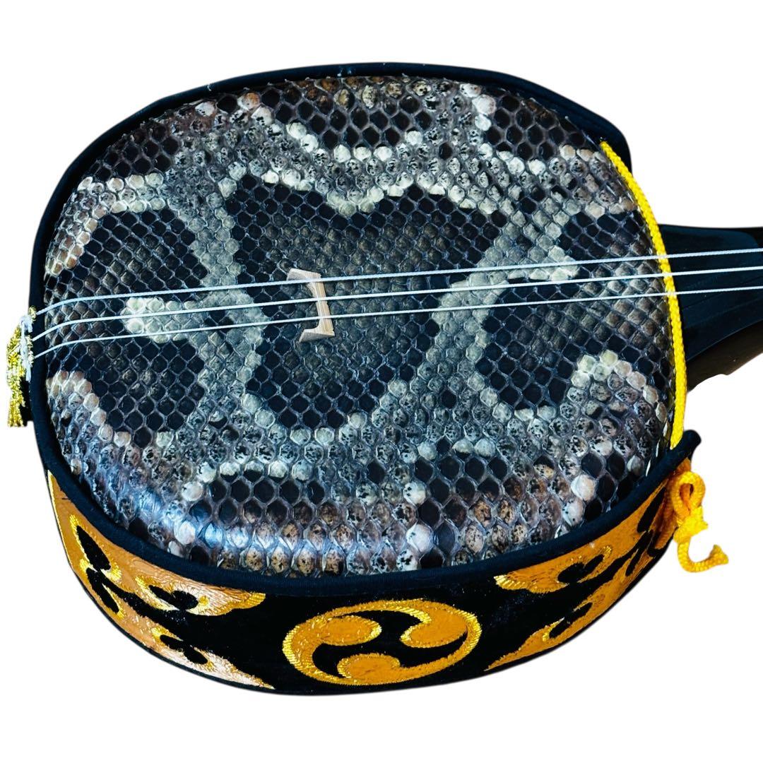 三線 蛇皮調 真壁型 黒塗り棹 ケース付き（付属品あり）