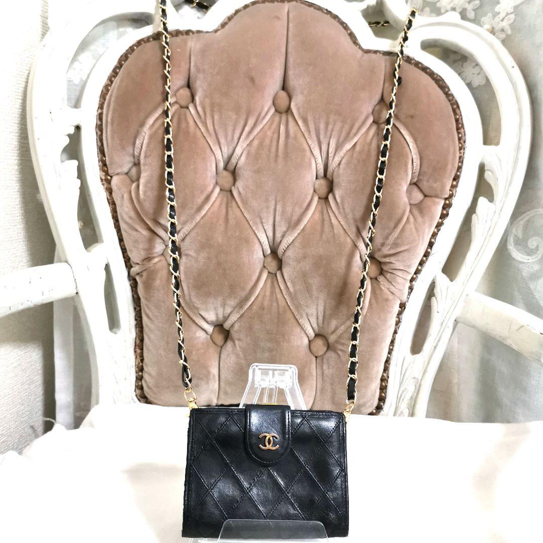 おもち!シャネル黒CHANEL ビコローレがま口財布 新品ショルダー付!