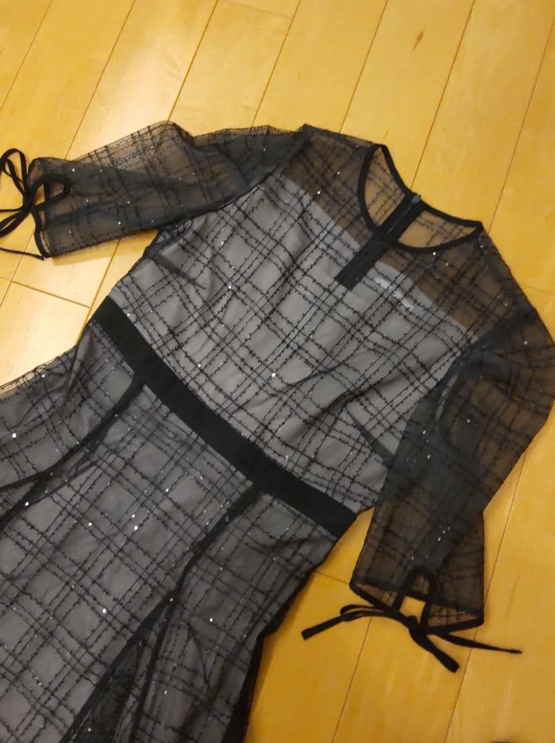 Leja チェックスパンコールリボンワンピースドレス