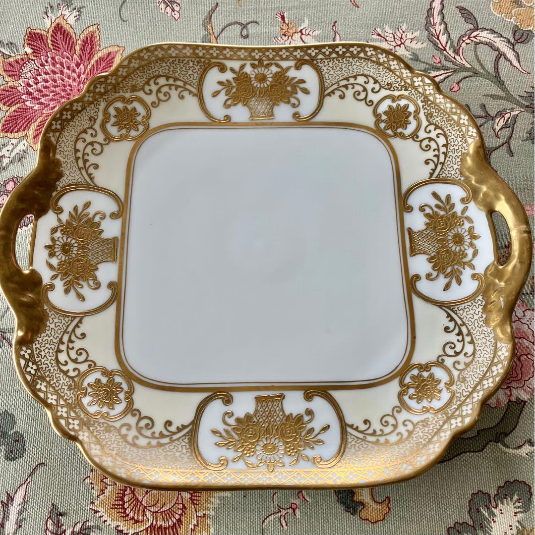 オールドノリタケ・金盛上花籠装飾図紋両耳皿