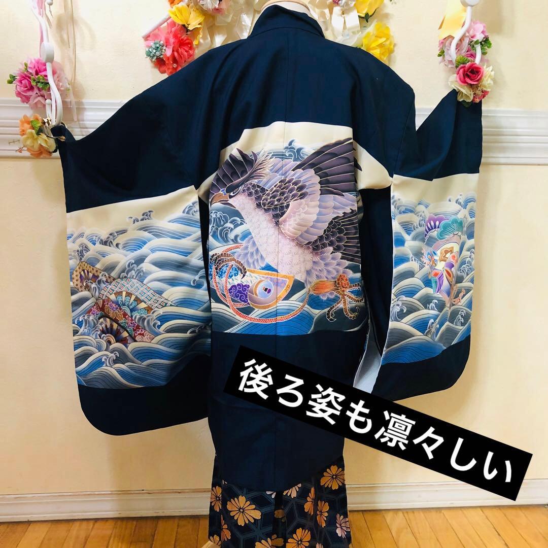 七五三　男の子￼￼￼‼️祝着・羽織・袴セット　鷹鷲立波絵巻花文金彩⭐︎完全フルセット