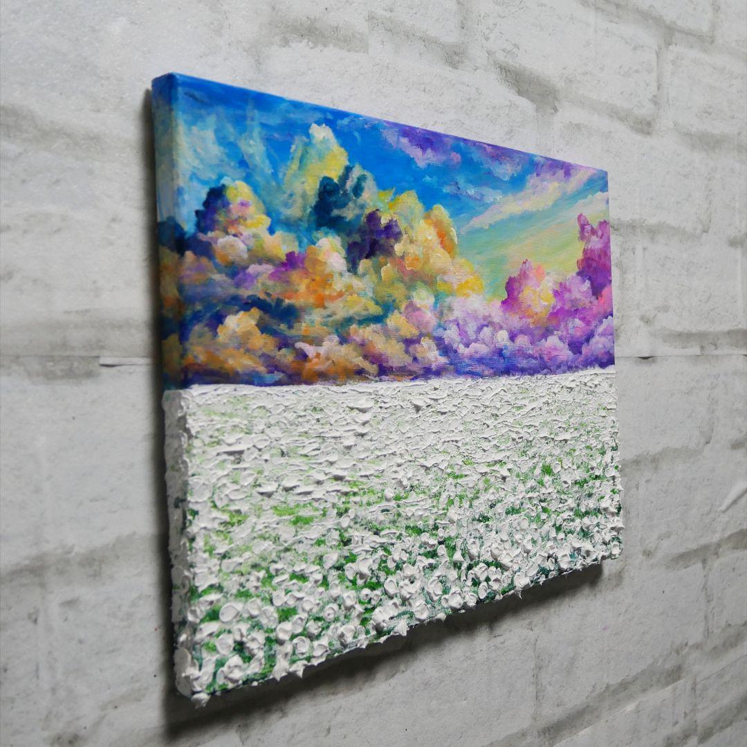 油絵 油彩 油彩画 絵 絵画【朝焼けの草原に咲く白い花と朝日】