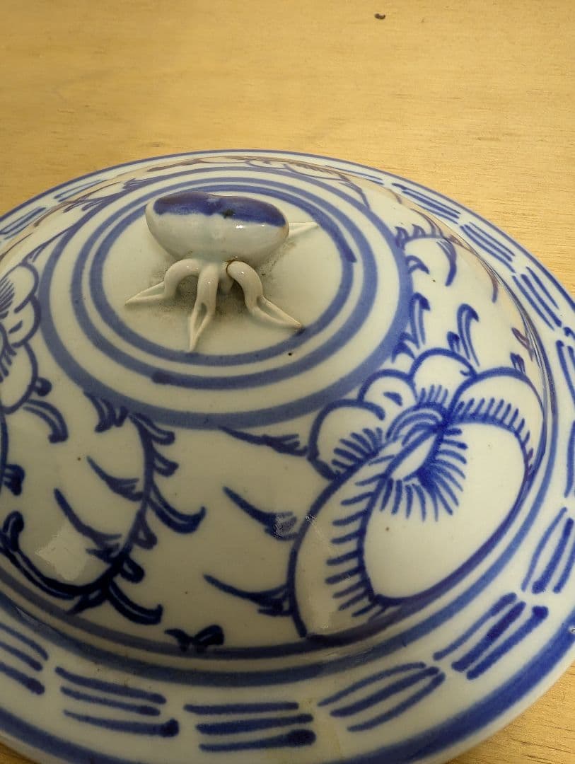中国古陶磁 青花蓋罐 清末頃 花文 蓋壺 古美術 時代物